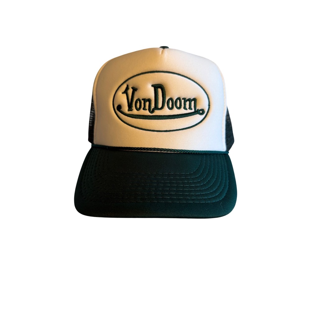 VonDoom Trucker Hat Green White Nissin Cap Embroidered Logo Snapback Mesh Foam